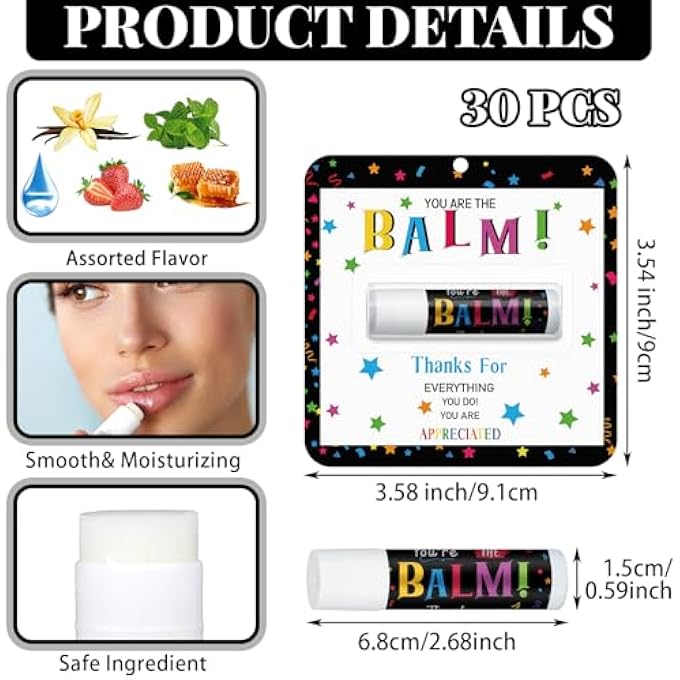 Sacubee 30 PACK TEACHER APPRECIATION GIFT THANK YOU LIP BALMS BULK BACK TO SCHOOL GIFT DESIGN LIP TEAM PARTY FAVOR FOR TEACHER NURSE VOLUNTEER STAFF WOMEN MEN(YOU'RE THE BALM,ASSORTED FLAVOR) - Image 2